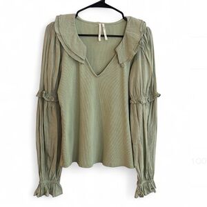 Anthropologie Long Sleeve Green Collared Ruffle Top Size Medium Cotton Blend